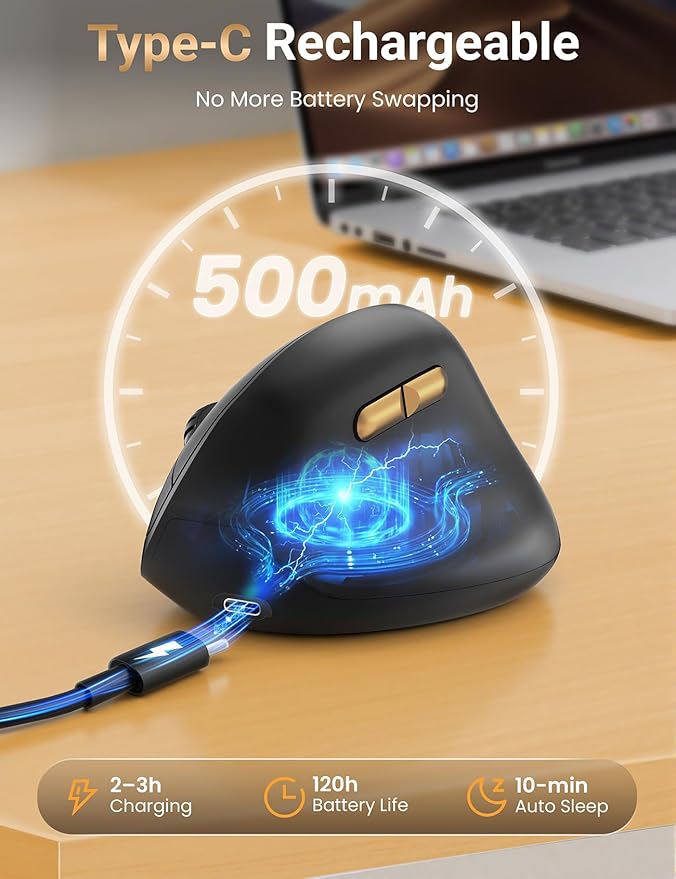 Ergonomic Vertical Wireless Mouse, 57°, Small/Medium Hands, Black | Rechargeable, Quiet Click, 800/1200/1600 DPI, 2.4GHz USB Receiver, Forward/Back Buttons, Computer Mouse for Laptop PC Mac