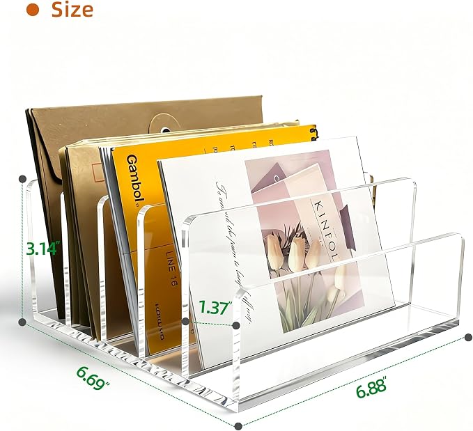 Clear Acrylic 5-Compartment Mail & Letter Desk Organizer | 5mm thick, 5 compartments organize mail, bills, letters & more. Crystal clear acrylic, non-slip pads. No assembly.