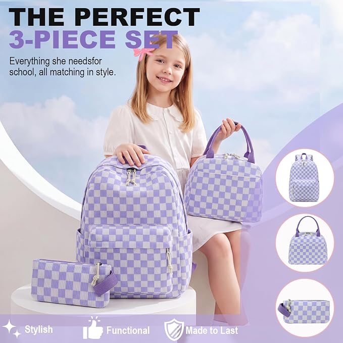 LEDAOU Kids Backpack for Girls Backpacks with Lunch Box, Lightweight Bookbag Set Elementary Middle School Back pack for 8-14