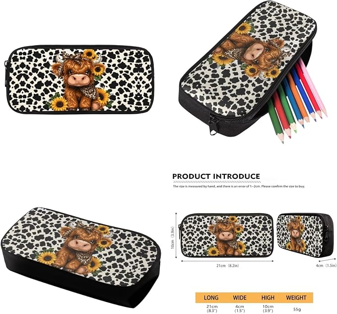 WELLFLYHOM Girls Highland Cow Elementary Backpack 4 Pcs Cow Print Book Bag | Kids Sunflower School Bag with Lunch Box Pencil Pouch Water Bottle Sleeve Daypack Set for School Sport Travel