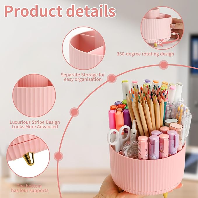 Camelmother 360°Rotating Pen&Pencil Holder For Desk With 5Slots Cute Office | Spacious Beautiful & Durable For Teachers Students Workers Easy Storage for Pens Stationery