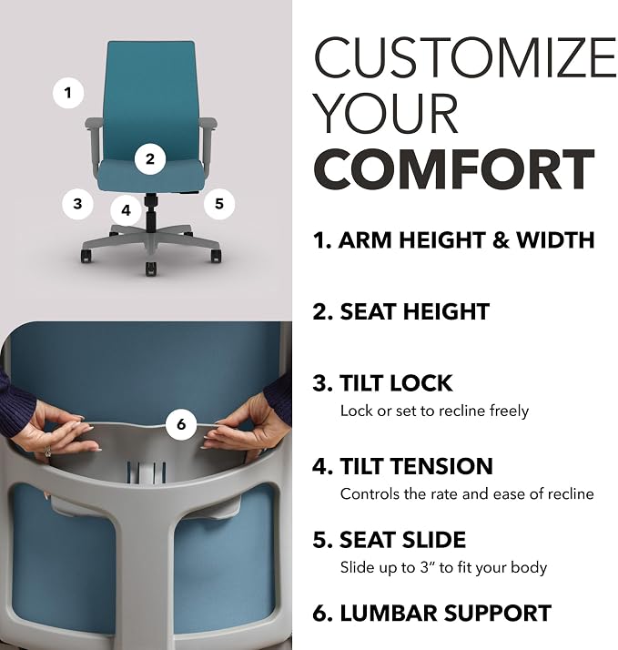 HON Ignition 2.0 Mid‑Back Ergonomic Office Chair, Mesh Task Desk Chair with Lumbar Support, Standard Synchro‑Tilt, Height and Width Adjustable Arms, Titanium Frame, Sky