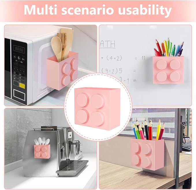 Magnetic Basket Organizer for Fridge - Lego-Style ABS Plastic Storage Box,No Drill Design for Kitchen Counter, Microwave & Whiteboard, Holds Up to 3.5 lbs(Pink)