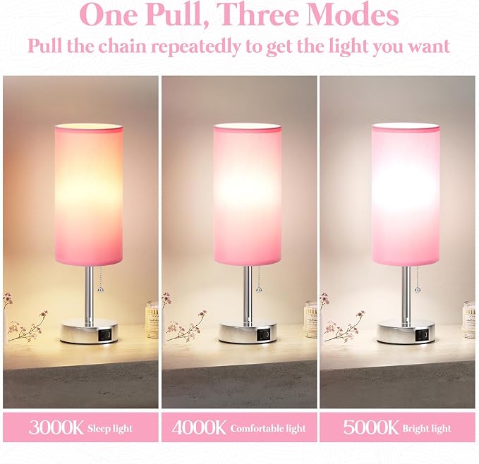 Dicoool Small Bedside Table Lamp for Bedroom, Pink Nightstand Lamp for Girls Kids, 3 Color Temperatures & USB Charging Port, Cute Desk Lamp for Teens Room Decor, Dorm Room Essentials