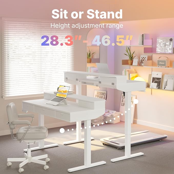 HUANUO 40 X 24 inch Electric Standing Desk with 4 Drawers, Adjustable Height Sit Stand Home Office Desk, C-Clamp Mount Compatible, Ergonomic Stand up Desk with 4 Preset Heights, White