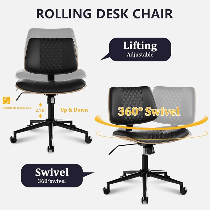 Modern Armless Office Chair with Wheels, Adjustable Swivel Desk Chair with Wide Seat and Tilt Function, Faux Leather Mid Century Task Chair for Home Office, Bedroom, Vanity, Black