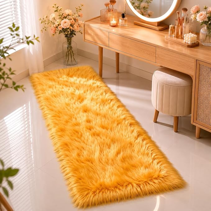 EasyJoy Faux Sheepskin Rug, Fluffy Faux Fur Rug, Ultra Soft Shag Area Rug with Non-Slip Backing for Bedroom, Living Room, Nursery, Kids Room(2x6 ft Rectangle, Golden Yellow)