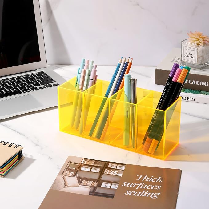 Pen Holder for Desk Neon Acrylic Pencil Holder Cup Makeup Brush Storage Organizer for Vanity, Neon Yellow