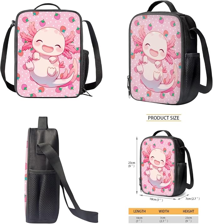 WELLFLYHOM 6-11 Kid Cute Axolotl 4 In 1 Bookbag Set, Pink 17 Inch Strawberry Backpack with Lunch Box for Girls, Back to School Supplies for Elementary Students, Mochila Para Niñas