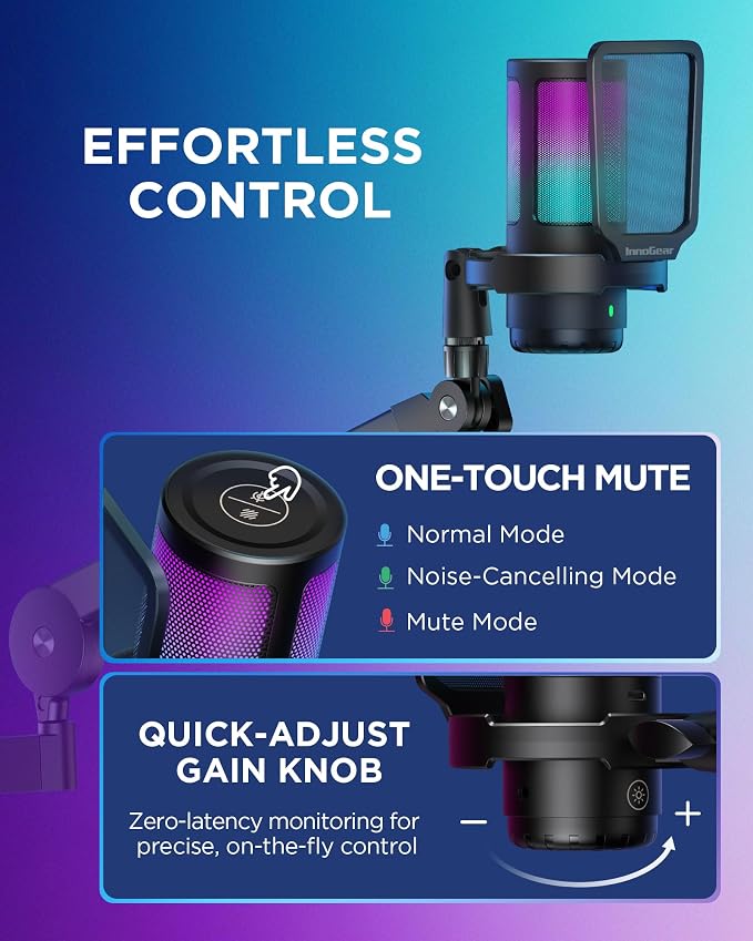 InnoGear USB Gaming Microphone Set, Noise Cancellation Condenser Mic with Boom Arm RGB Mute Headphones Jack for Streaming Podcasting Recording Vocal PC Computer YouTube Discord PS4 PS5, Black