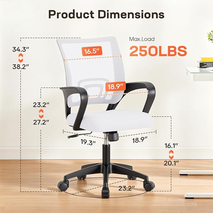 BestOffice | Ergonomic Office Chair | Mid-Back Swivel Desk Chair | Breathable Backrest & Lumbar Support | Adjustable Height | Sponge Seat | Rolling Wheels | White | for Adults & Women