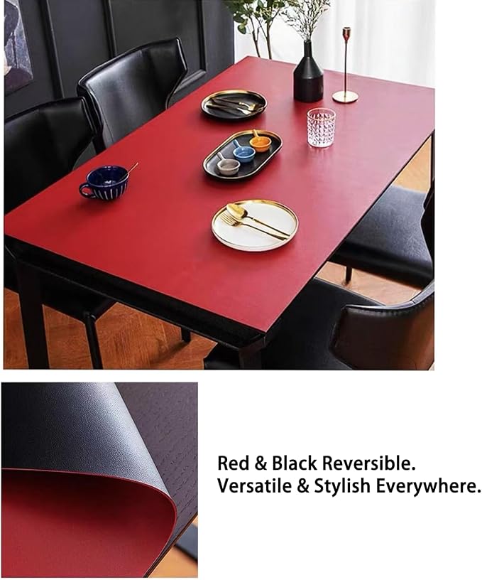 Leather Table Cover, Reversible Double-Sided, 1.8mm Thick, 24x60 Inch, Protector for Rectangular Tables, Waterproof & Oil Resistant for Dining Table, Office Desk, Dresser(Black+Wine Red)