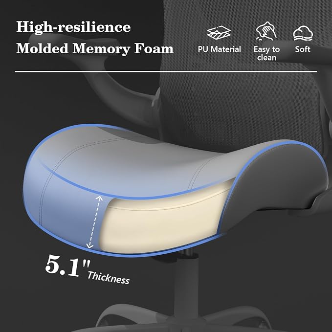 GYI Ergonomic Office Chair with Memory Foam Cushion, Big and Tall Office Chair, 4.7" Thickened Seat Heavy Duty Desk Chair with Technical Mesh Back, 3D Flip-up Arms, Wheels for Heavy People, Grey