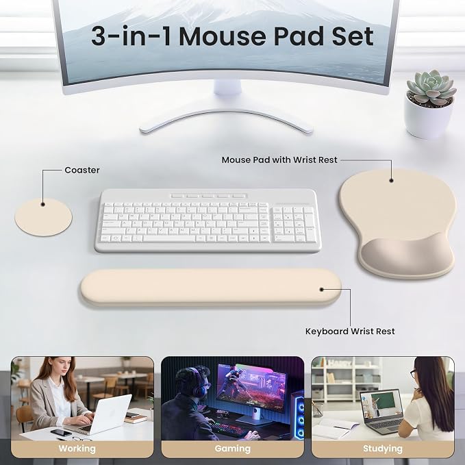 AKIT Ergonomic Mouse Pad and Keyboard Wrist Rest Set,Memory Foam,Apricot | Ergonomic Wrist Support for Typing and Gaming Gel Mouse Pad with Smooth Glide,Apricot Color Fits Home Decor,Reduces Fatigue