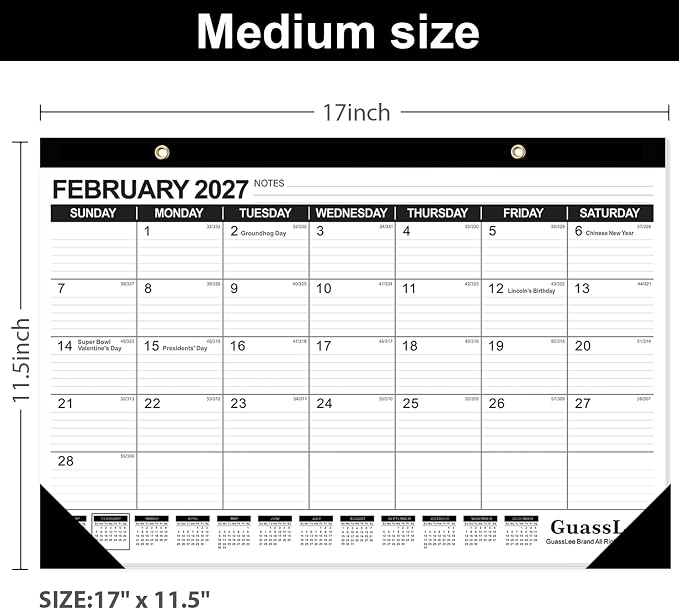 GuassLee Desk Calendar 2026-2027 - 19 Months Academic Calendar 17" × 11.5" Desktop Calendar from Jun. 2026 to Dec. 2027 with Julian Date for Home School Office Desk Top Organizing