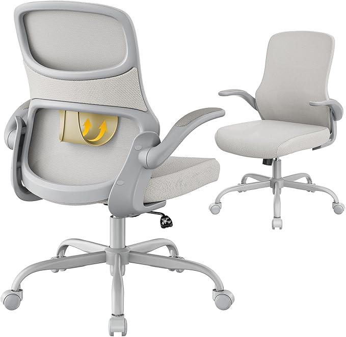Small Mesh Office Chair with Flip-Up Arms, Ergonomic Desk Chair | Adaptive lumbar contour, 2.8inch dual-density foam and quiet casters aid computer work; 90° folding design tucks under table