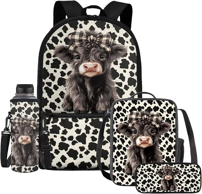 WELLFLYHOM Kids Highland Cow Book Bags for Girls 6 Years Old, 4 Pcs Set | Girls 7-8 Cow Print School Backpack Elementary Dayback Insulated Lunch Box Pencil Case Water Bottle Holder