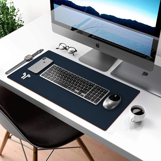 Desk Mat Large Protector Pad For Home, Office - Smooth Surface Soft Multifunctional Dual-Sided Desk Mouse Pad For Desktop, Waterproof, PU Leather (Dark Blue, 23.6" x 13.7")