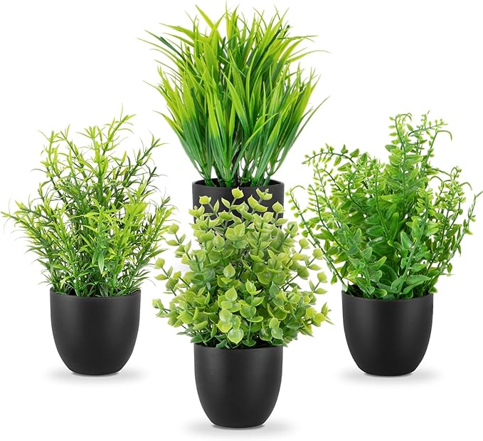 4 Pack Fake Desk Plants Small Faux Plants Mini Potted Artificial Plants for Table Bathroom Home Room Kitchen Shelf Office Decor