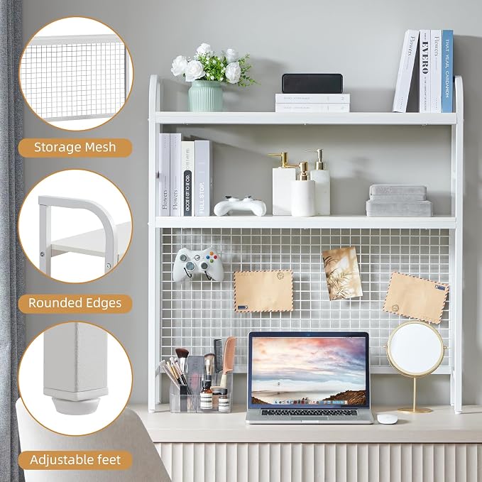 Desk Shelf, 36.8” Desktop Organizer Shelf with Grid Panel and Hooks, Desk Hutch for Computer Monitor, 2 Tier Desk Display Rack Wood Desktop Bookshelf Storage for Home Office Dorm