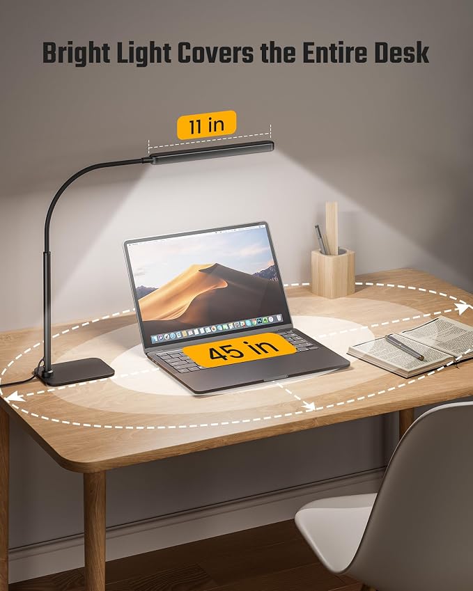 SUPERDANNY Eye-Caring LED Desk Lamp with Base 360° Flexible Gooseneck Work Lamp Touch Control 3 Light Colors Smooth Dimming Task Lighting Reading Light for Home Office College Dorm, Black