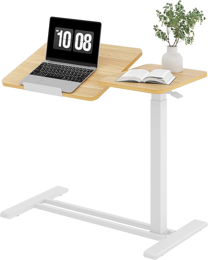 SANODESK 32''Overbed Table Gas Spring Lifting with Wheels&Tilting Desktop | Rolling Mobile Laptop Desk End Table,Portable Computer Workstation for Home Office,Sofa,Bedside,31.5" W x 17.7" D,Maple