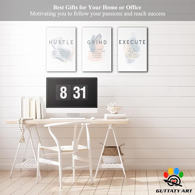 Office Wall Art - 3 Panel Motivational Wall Art, Inspirational Quotes Canvas Art for Home Office Wall Decor, Positive Quotes Wall Decor, Entrepreneur Grind Hustle Execution Poster Frame (12”x18”x3Pcs)