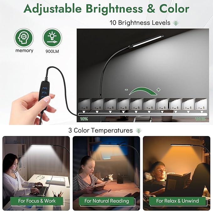 Clamp Lamp for Desk, Eye-Caring LED Clip Light (Black) | 27" Tall Flexible Arm, 3 Color Modes 10 Brightness, USB-Powered with 5V/2A Adapter