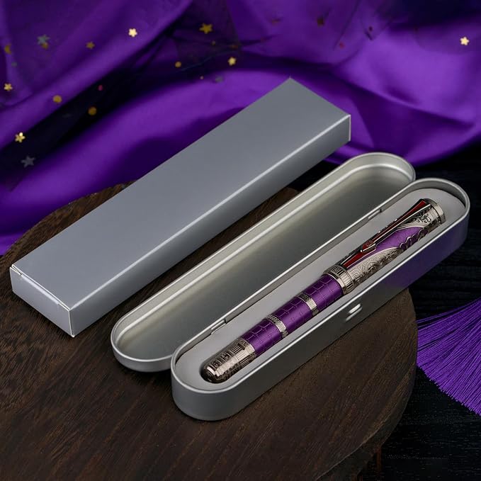 Hongdian D5X Fountain Pen Purple Color Fine Nib, Qin Dynasty Retro Chinese Totem Engraving Smooth Writing Pen with Converter and Pen Box Set
