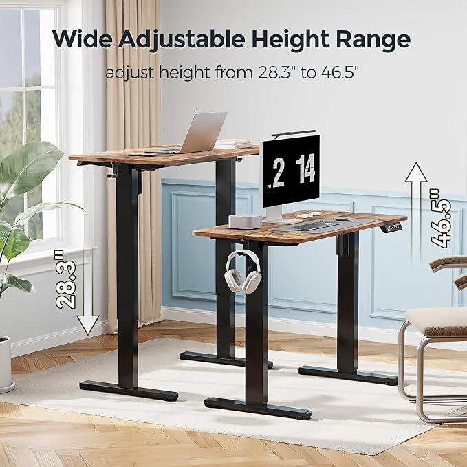 Small Electric Standing Desk, 35" ×20" Standing Table, Height Adjustable Compact Sit Stand Workstation with Splice Board, Home Office Desk with 2 Hooks, Rustic Brown