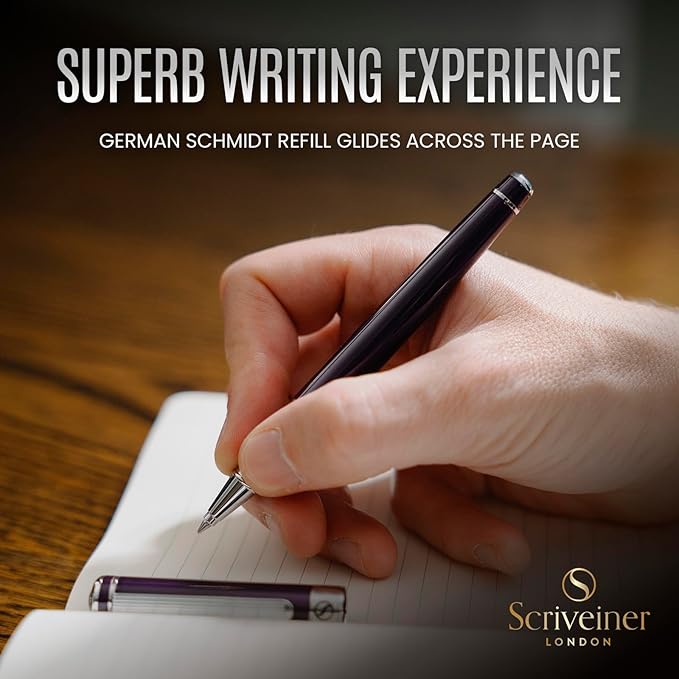 Scriveiner Aubergine Rollerball Pen - Stunning Luxury Pen With Chrome Finish, Schmidt Ink Refill, Best Roller Ball Gift Set for Men & Women, Professional, Executive Office, Nice Pens