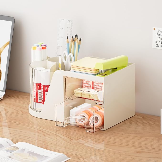 Marbrasse Desk Organizer with 2 Drawer, 360°Rotating Pen Holder, Desk Organizers and Accessories with 6 Slots Pencil Organizer + 2 Drawer, Art Supply Storage Box Caddy for Office (Beige)