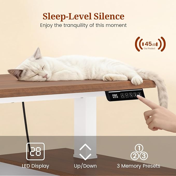 UPOSOJA L Shaped Standing Desk Adjustable Height, 53" Electric Office Desk with File Drawers & Storage Shelves, Sit Stand Corner Computer Desk with Power Outlets, Pegboard, 6 Hooks, White& Walnut