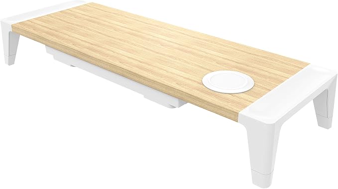 Bostitch Office Wooden Monitor Stand with Wireless Charging Pad, Drawer for Storage, Adjustable Height Riser Includes Removable Non-Skid Rubber Feet - Wood Grain and White (STND-2408WH)