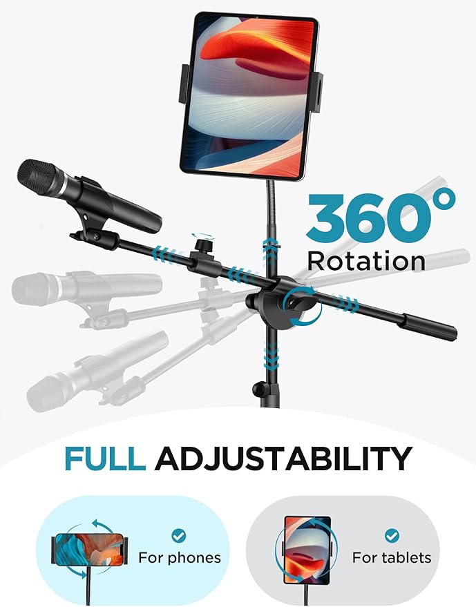 InnoGear Mic Stand, 6 in 1 Microphone Stand Floor with Tablet Phone Holder Height Adjustable from 30" to 72" Mic Stand Tripod Boom Arm with Gooseneck Carrying Bag for Singing Karaoke Stage