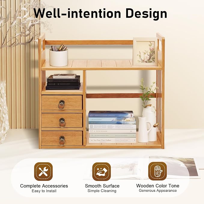 Bamboo Desktop Bookshelf, Desk Organizer Display Shelf with 3 Drawers, Counter Top Bookcase Wood Tone Display Shelf Rack Multipurpose Bookshelf for Home Office