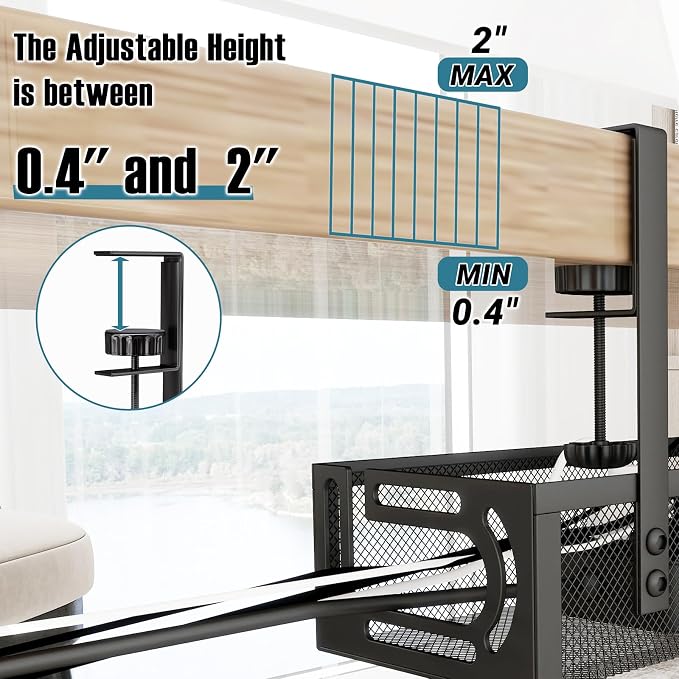 No Drill Under Desk Cable Management Tray, SONATURE 15.7" Cord Organizer for Table, Clamp Mount Desk Cable Management, Premium Carbon Steel Cable Organizer for Office, Home (Black)