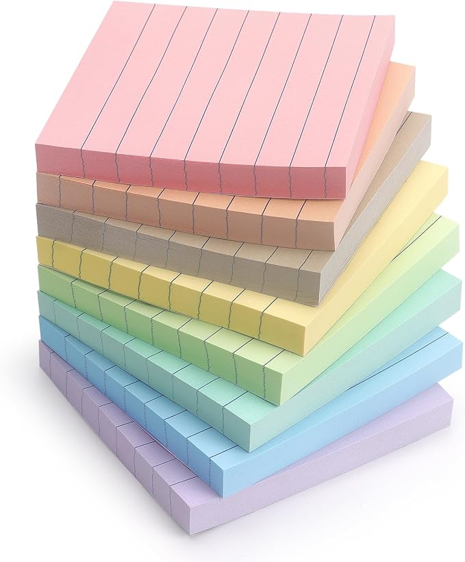 Lined Sticky Notes 3x3 Inch, 8 Pack, Light Colors, Premium Self-Adhesive Notepads, 640 Sheets, for Office, School & Home Use, Easy to Use, Reusable & Removable