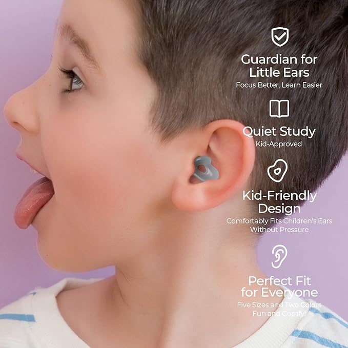 Kids Ear Plugs (6-12 yrs) - Reusable Noise Cancelling Ear Protection with 5 Ear Tip Sizes (XXS - L) for School, Sports, Playground - 23dB Noise Reduction for Focus and Comfort