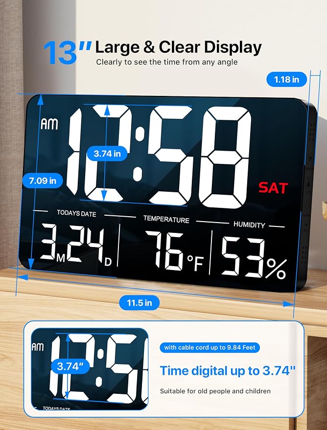 MASHI 13" Large Display Digital Clock, Alarm, Date, Temperature, DST | Remote control & 6-level dimmer. Shows day, humidity. Plug-in; memory backup. For desk, wall, gift for elderly
