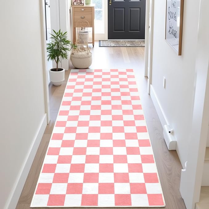 Terrug Pink and White Checkered Area Rug for Kitchen,2x6 Runner Rugs Washable with Non Slip for Bedroom,Soft Low Pile Stain Resistance Retro Carpet for Entryway Hallway