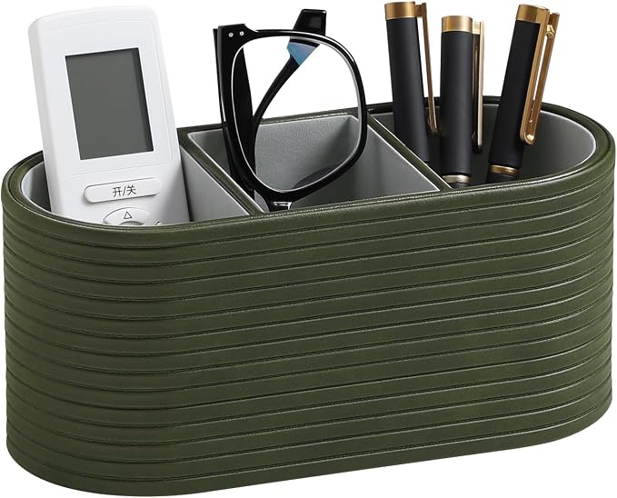 Remote Control Holder, Oval Pen Holder for Desk, Olive Green | 3-Compartment Desk Caddy for Remotes, Glasses, Pens, PU Leather Small Desk Organizer for Nightstand, Coffee Table, Office