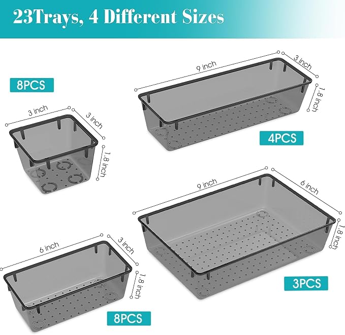StorMiracle 23 PCS Clear Plastic Drawer Organizers Set, 4 Size Desk Drawer Organizer Trays for Makeup, Jewelry, Kitchen Utensils, Gadgets and Office Accessories, Black