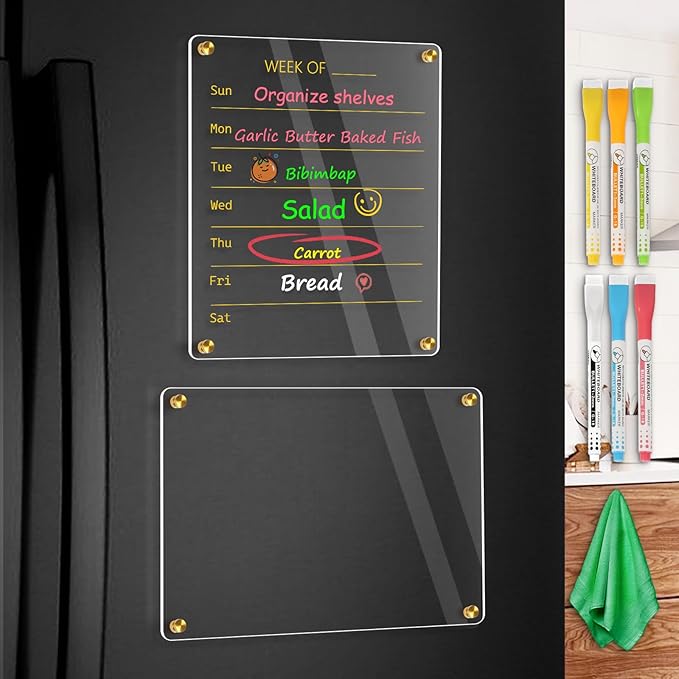 WALGLASS Acrylic Calendar for Fridge, 8.5"x11" Gold Weekly Clear Acrylic Magnetic Dry Erase Board for Refrigerator, Set of 2 Stronger-Magnetic Reusable Fridge Planner, Includes 8 Liquid Chalk Markers