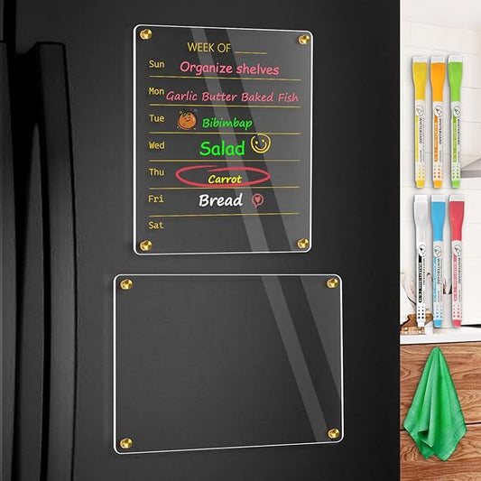 WALGLASS Acrylic Calendar for Fridge, 8.5"x11" Gold Weekly Clear Acrylic Magnetic Dry Erase Board for Refrigerator, Set of 2 Stronger-Magnetic Reusable Fridge Planner, Includes 8 Liquid Chalk Markers