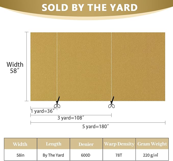 Waterproof Canvas Fabric by The Yard 58inch 600D Upholstery Material Polyester Fabric Outdoor Water Resistant Fabric for Sewing Chair Patio Cushion Purse Bag Interior, 10 Yard Tan