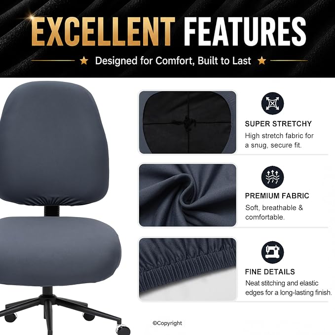Separate Desk Office Chair Seat Covers - Universal Stretch Computer Chair Slipcover - 180GSM Washable Rotating Backrest Coverings & Cushion Protectors for Dogs, Cats, Pets, Dark Gray