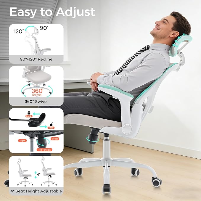 Office Chair,Ergonomic Mesh Computer Desk Chair,Grey | 2D Adjustable Lumbar Support,3D Headrest,Adjustable & Flip-Up Armrests,Rolling,Tilting,Swivel,High Back,Executive PC Chair