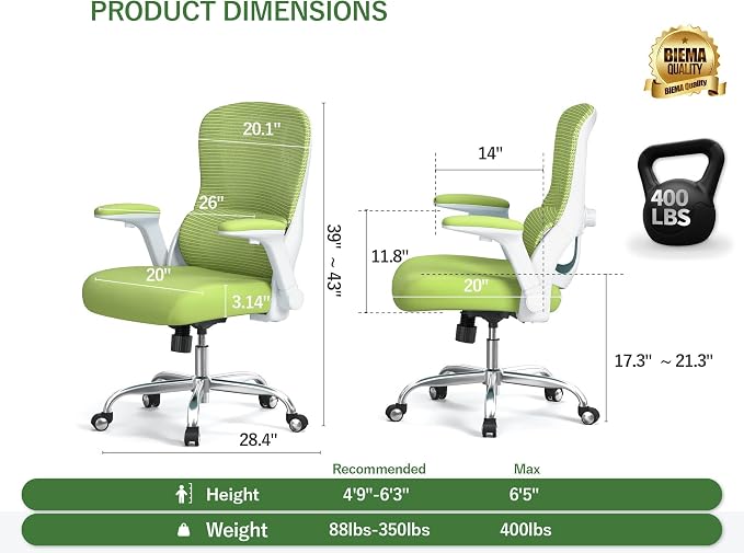 Office Chair Ergonomic Desk Chair Comfy: 400LBS Mesh Computer Chair Ergonomic Gaming Chairs with Wheels Adjustable Lumbar Support and Flip up Armrest-Swivel Executive Chairs Long Hours(Green)