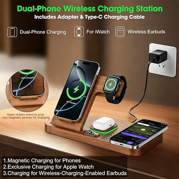 Dual Phone Wireless Charging Station for Apple Devices, Magnetic Charging Station for iPhone with Auto Switch 7-Color Light&Clock, Family Watch Charger for iPhone17 for iWatch11 for AirPods Pro3(Wood)